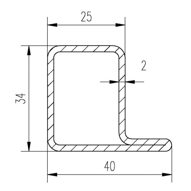Einfassprofil L aus Stahl roh DD11 - DD14 / S235 - Stützjakl "FLAGGE" - 40x34x25/2mm; Länge 6000mm