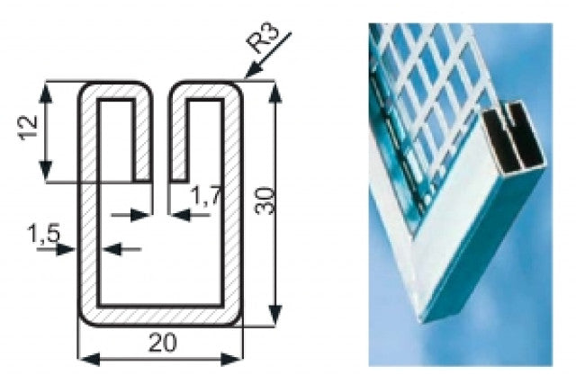 Einfassprofil E-1,7 aus rostfreiem Vormaterial 1.4301 - 1.4307 - Spaltbreite 1,7mm - 1,5x20x30x3000mm